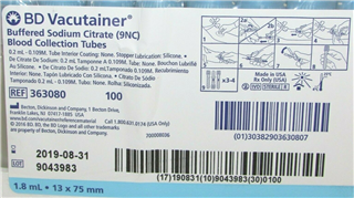 Vacutainer Citrate Tube, Plastic, 13 x 75mm, 1.8mL, Hemogard/Lt. Blue, Paper Label, 100/BX 10BX/CS